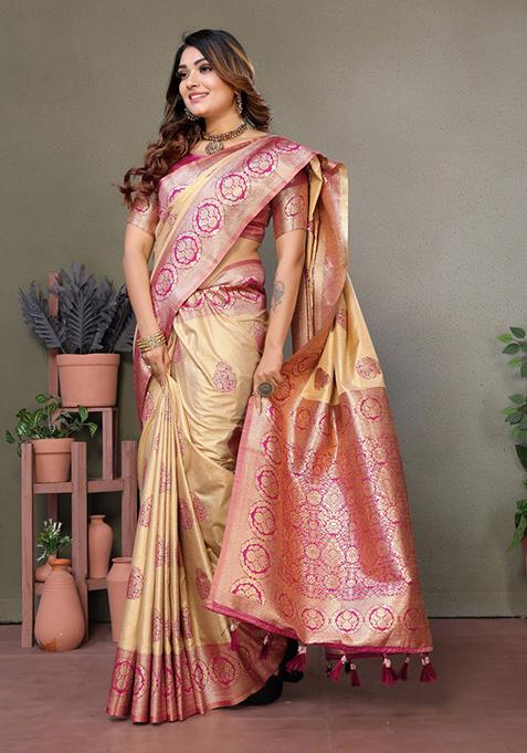 Rani Pink Zari Work Silk Saree Set