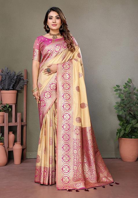 Rani Pink Zari Work Silk Saree Set