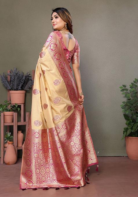 Rani Pink Zari Work Silk Saree Set