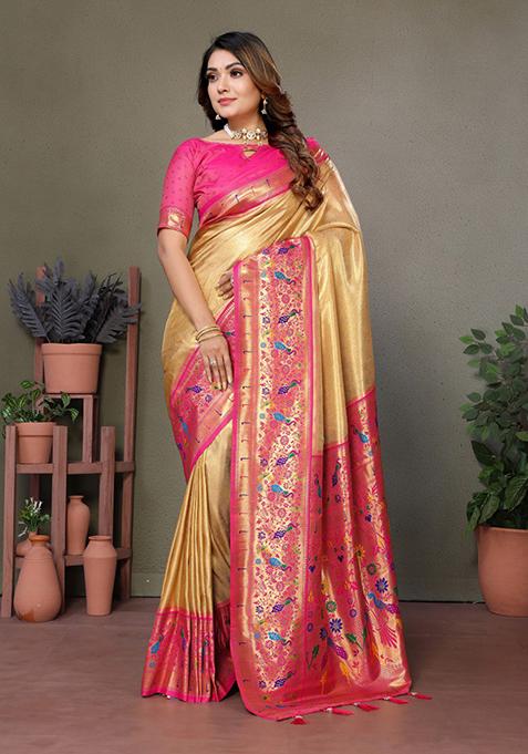 Golden Printed Silk Saree Set