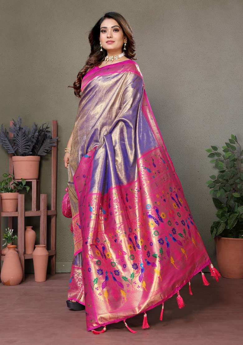 Lavender Silk Blend Saree Set with Printed for Diwali | Wedding & Festive Wear - Indya
