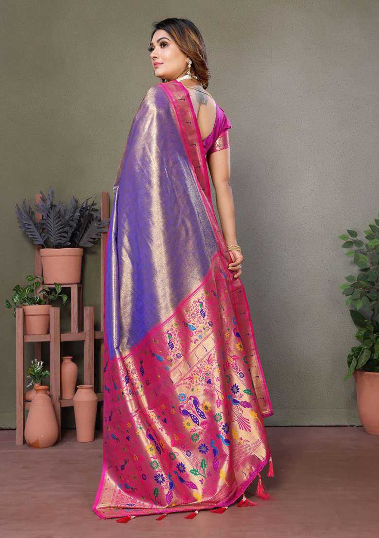 Lavender Silk Blend Saree Set with Printed for Diwali | Wedding & Festive Wear - Indya