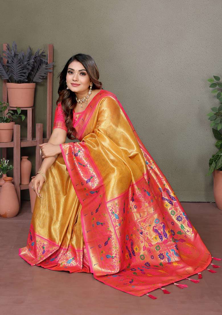 Dark Golden Silk Blend Saree Set with Printed for Diwali | Wedding & Festive Wear - Indya
