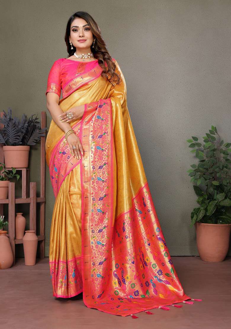 Dark Golden Silk Blend Saree Set with Printed for Diwali | Wedding & Festive Wear - Indya