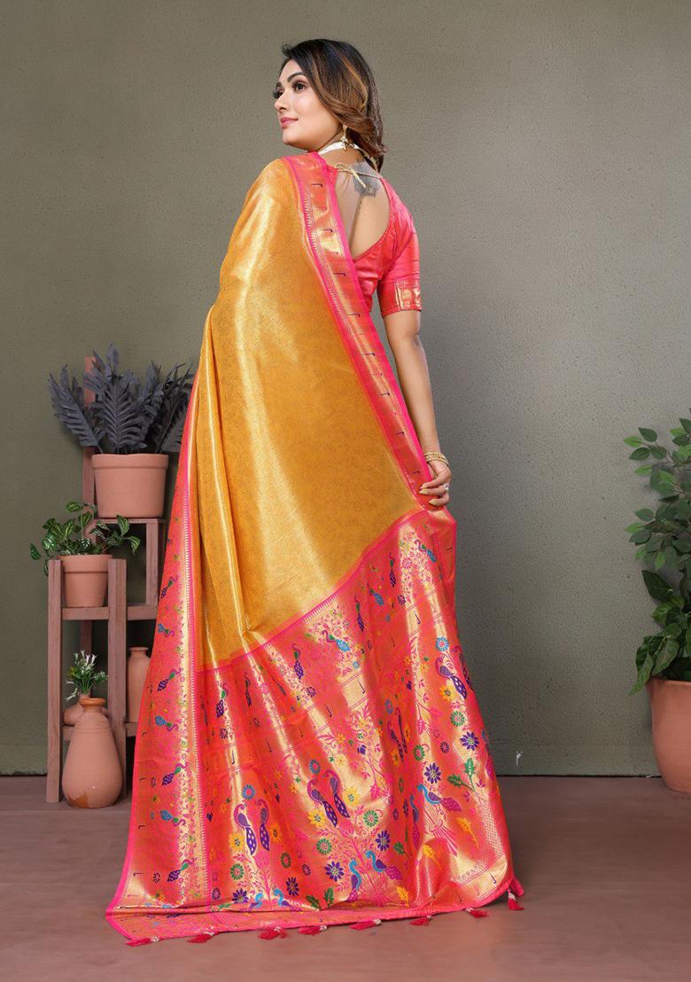 Dark Golden Printed Silk Saree Set