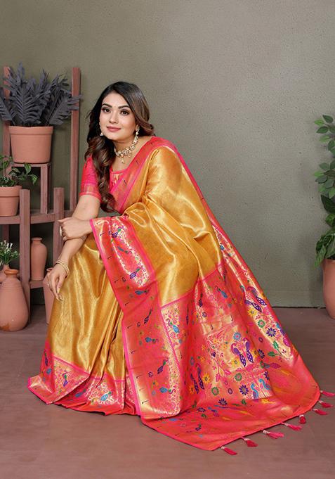 Dark Golden Printed Silk Saree Set