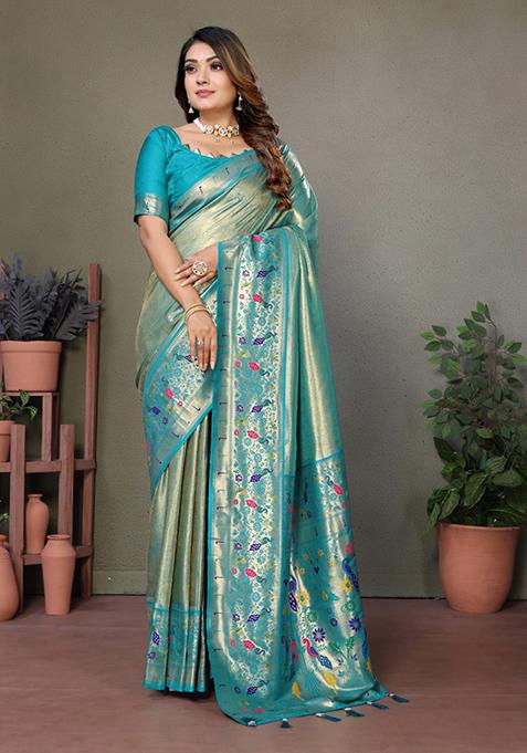 Blue Printed Silk Saree Set