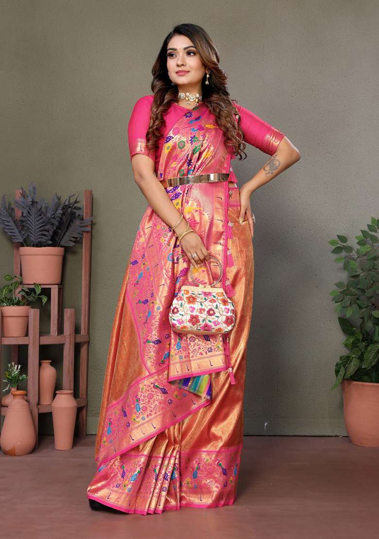 Orange Printed Silk Blend Saree Set for Diwali and Festive Wear - Indya