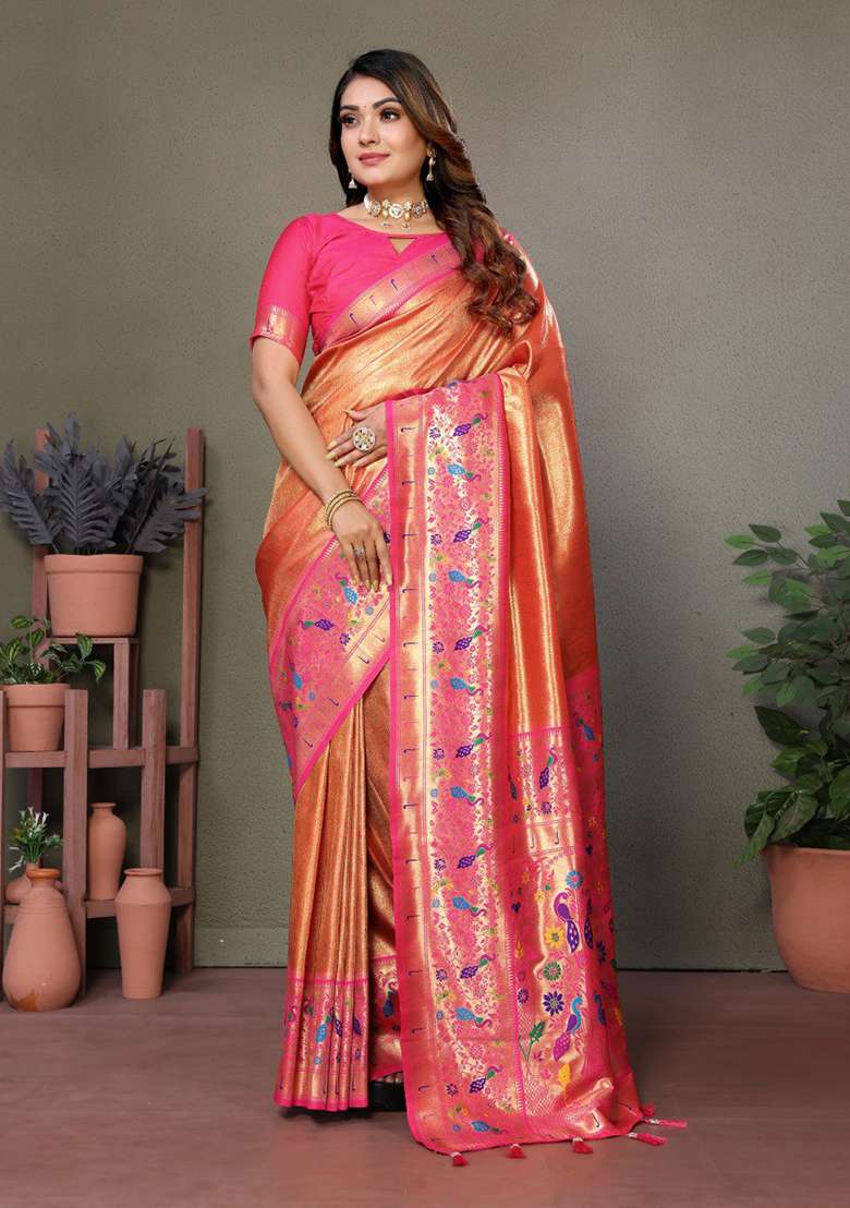 Orange Printed Silk Blend Saree Set for Diwali and Festive Wear - Indya