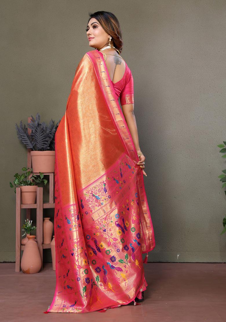 Orange Printed Silk Saree Set