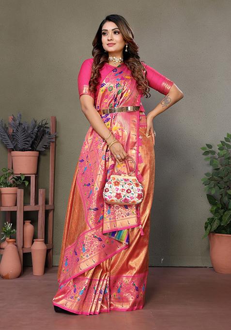 Orange Printed Silk Saree Set