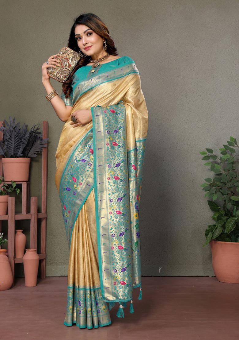 Cream Printed Silk Saree Set