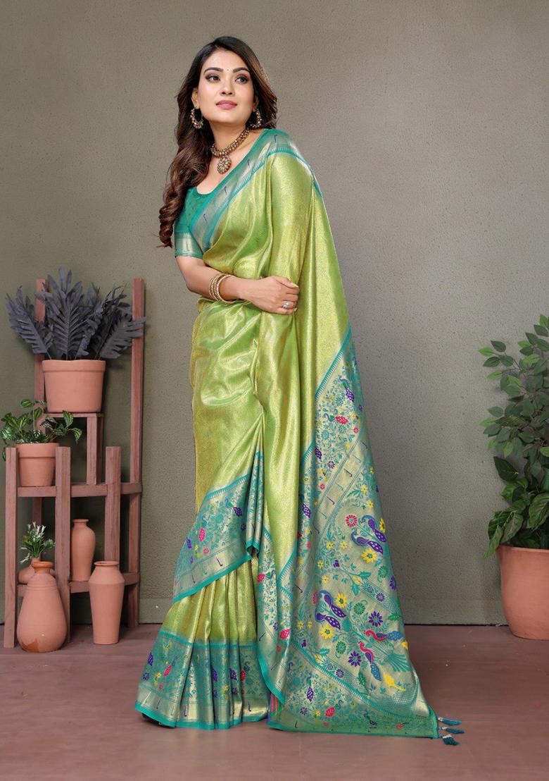Light Green Printed Silk Saree Set