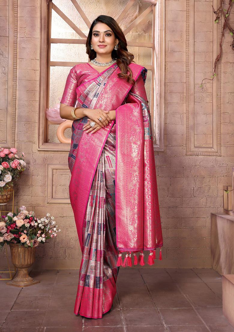 Rani Pink Zari Work Silk Saree Set