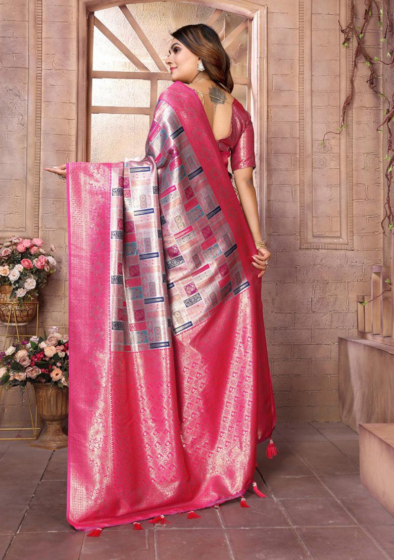 Rani Pink Zari Work Silk Saree Set