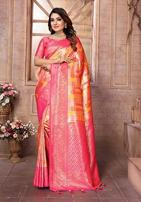 Orange Zari Work Silk Saree Set