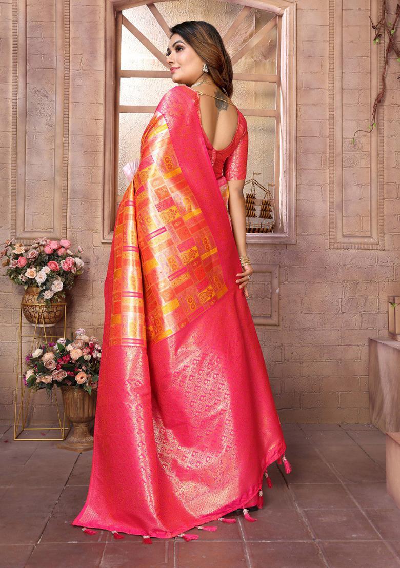 Orange Zari Work Silk Saree Set