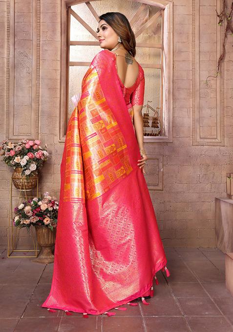 Orange Zari Work Silk Saree Set