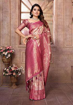 Light Brown Zari Work Silk Saree Set