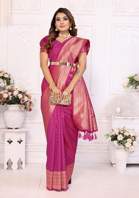 Purple Zari Work Silk Saree Set