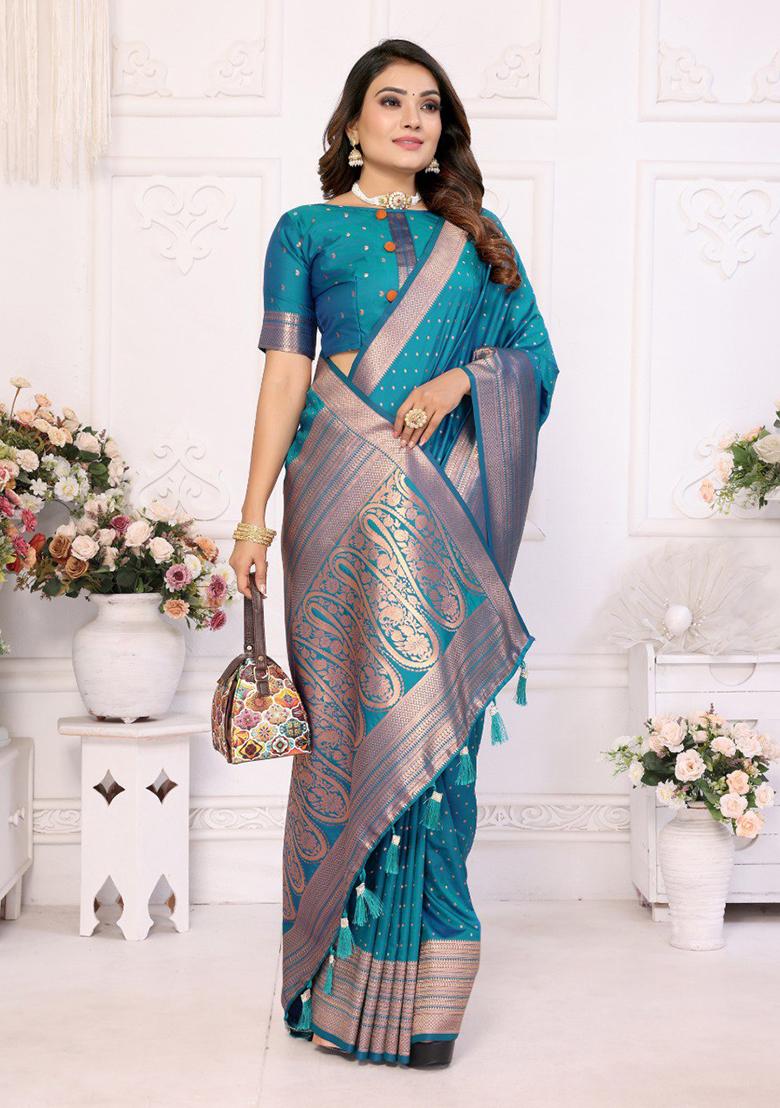 Blue Zari Work Silk Saree Set