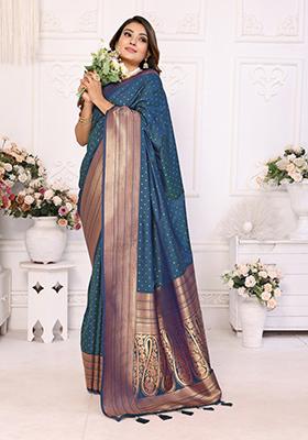 Navy Blue Zari Work Silk Saree Set