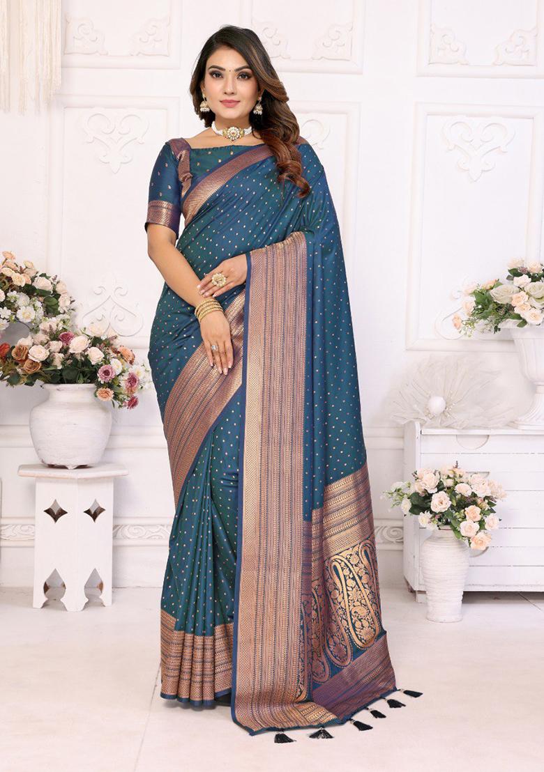 Navy Blue Zari Work Silk Saree Set