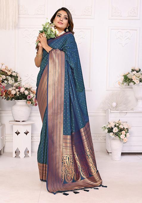 Navy Blue Zari Work Silk Saree Set