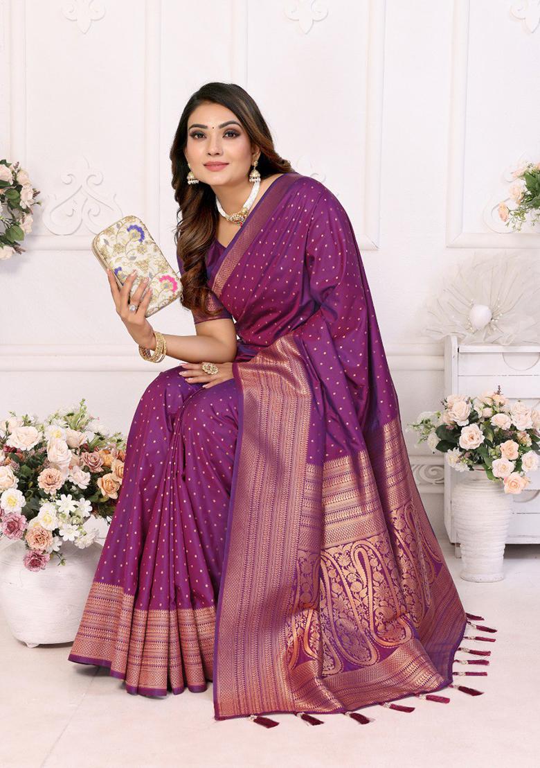 Dark Purple Zari Work Silk Saree Set