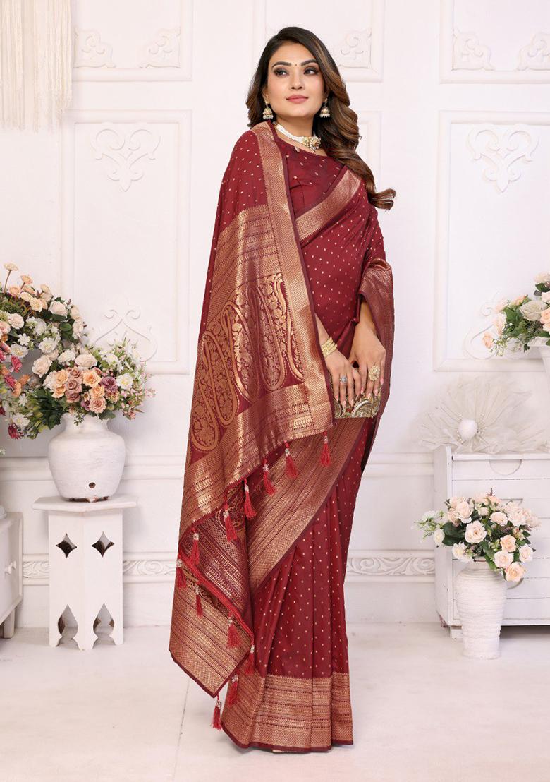 Dark Maroon Zari Work Silk Saree Set