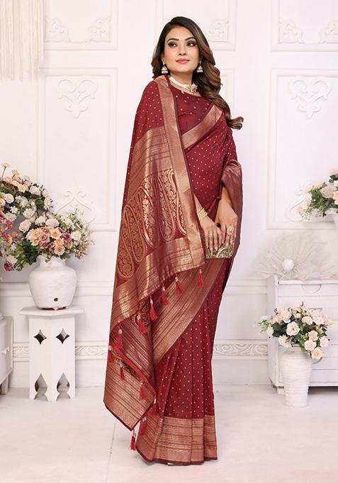 Dark Maroon Zari Work Silk Saree Set