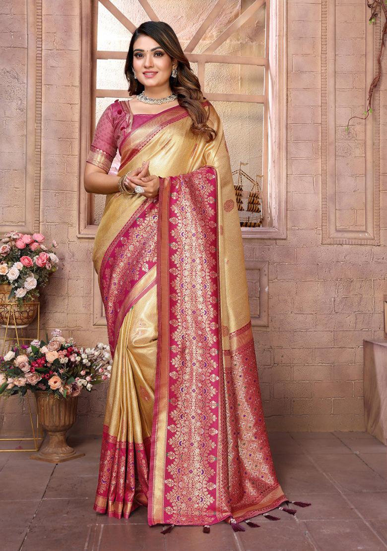 Cream Zari Work Silk Saree Set
