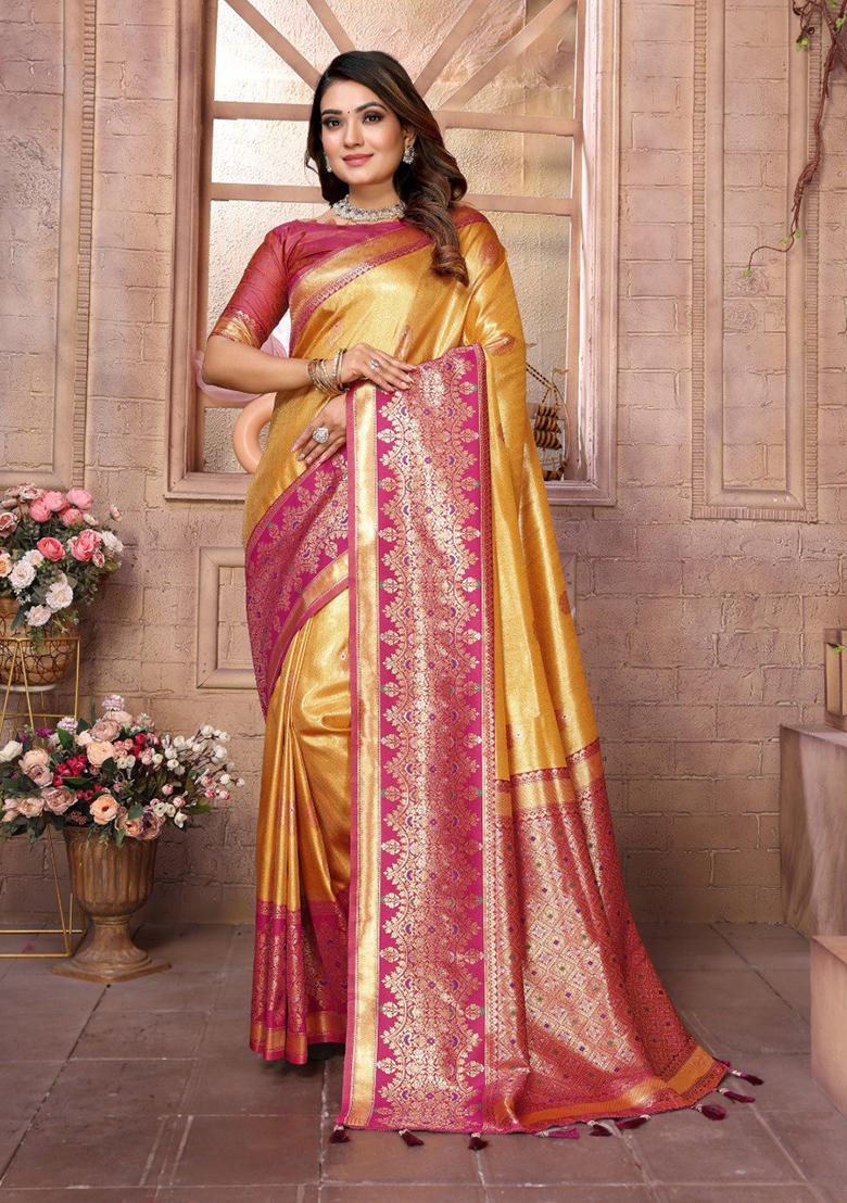 Yellow Zari Work Silk Saree Set