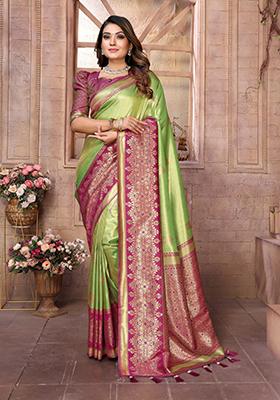 Light Green Zari Work Silk Saree Set