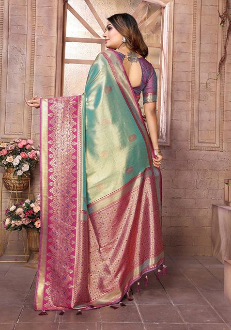 Sea Green Zari Work Silk Saree Set