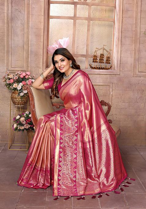 Peach Zari Work Silk Saree Set