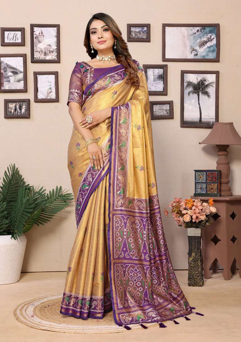 Golden Zari Work Silk Blend Saree Set - Indya