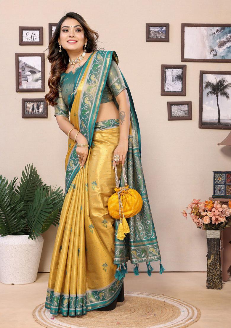 Yellow Zari Work Silk Saree Set