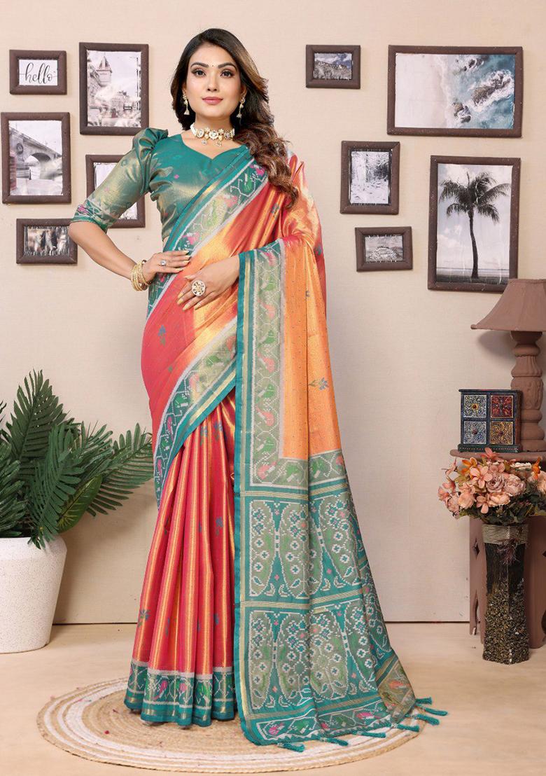Orange Zari Work Silk Saree Set