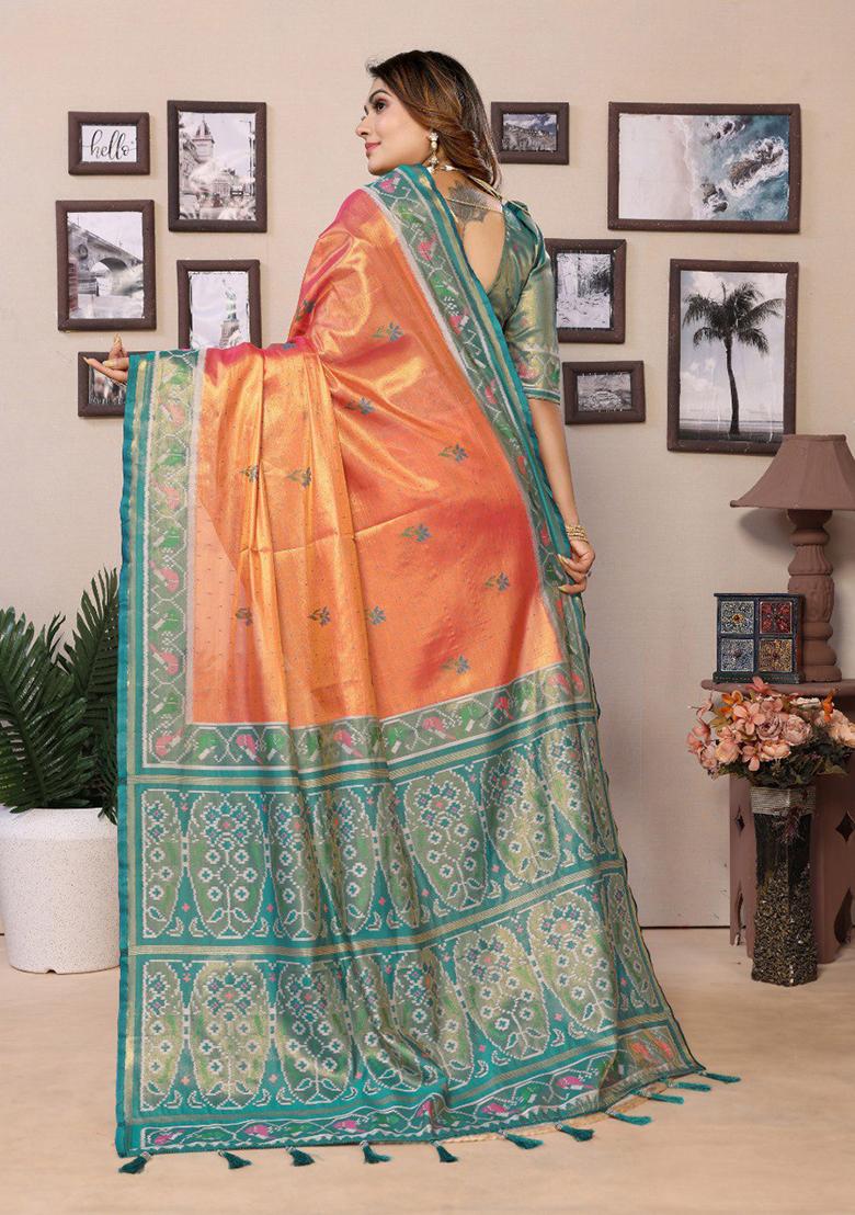 Orange Zari Work Silk Saree Set