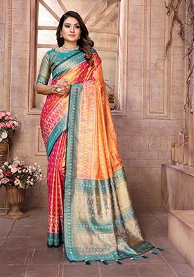 Orange Zari Work Silk Saree Set