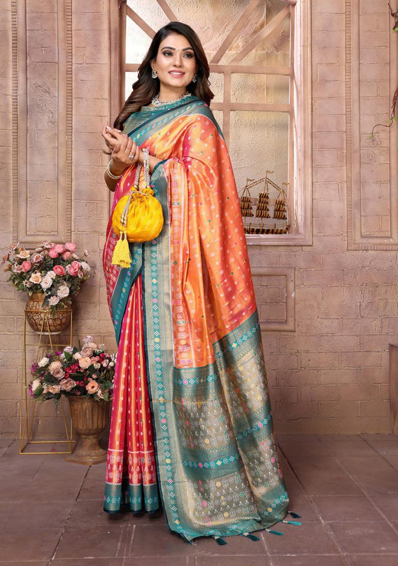 Orange Zari Work Silk Saree Set