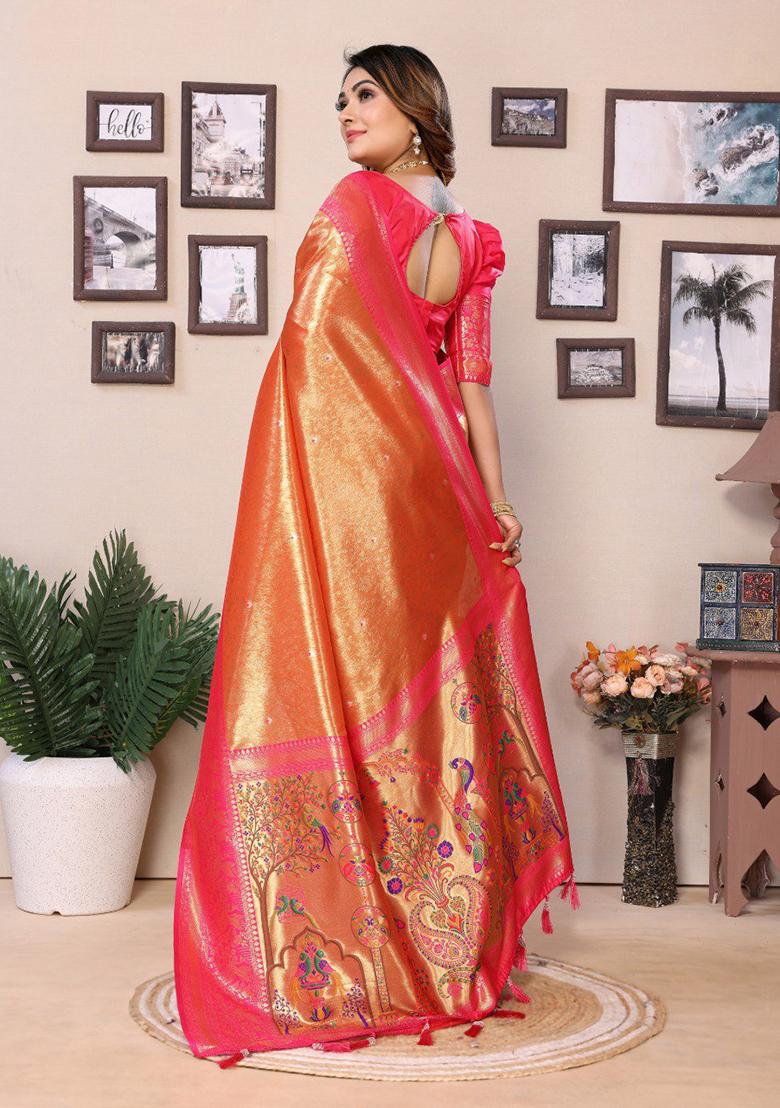 Orange Zari Work Silk Saree Set