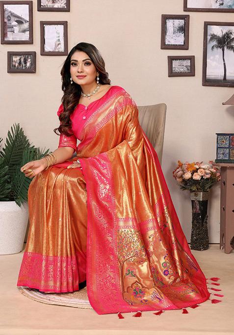 Orange Zari Work Silk Saree Set