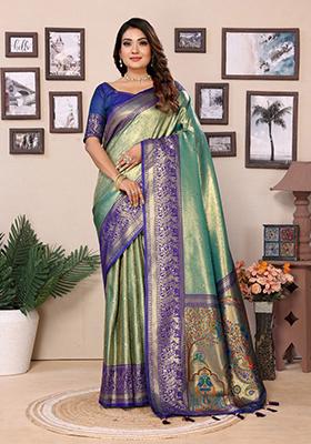 Sea Green Zari Work Silk Saree Set
