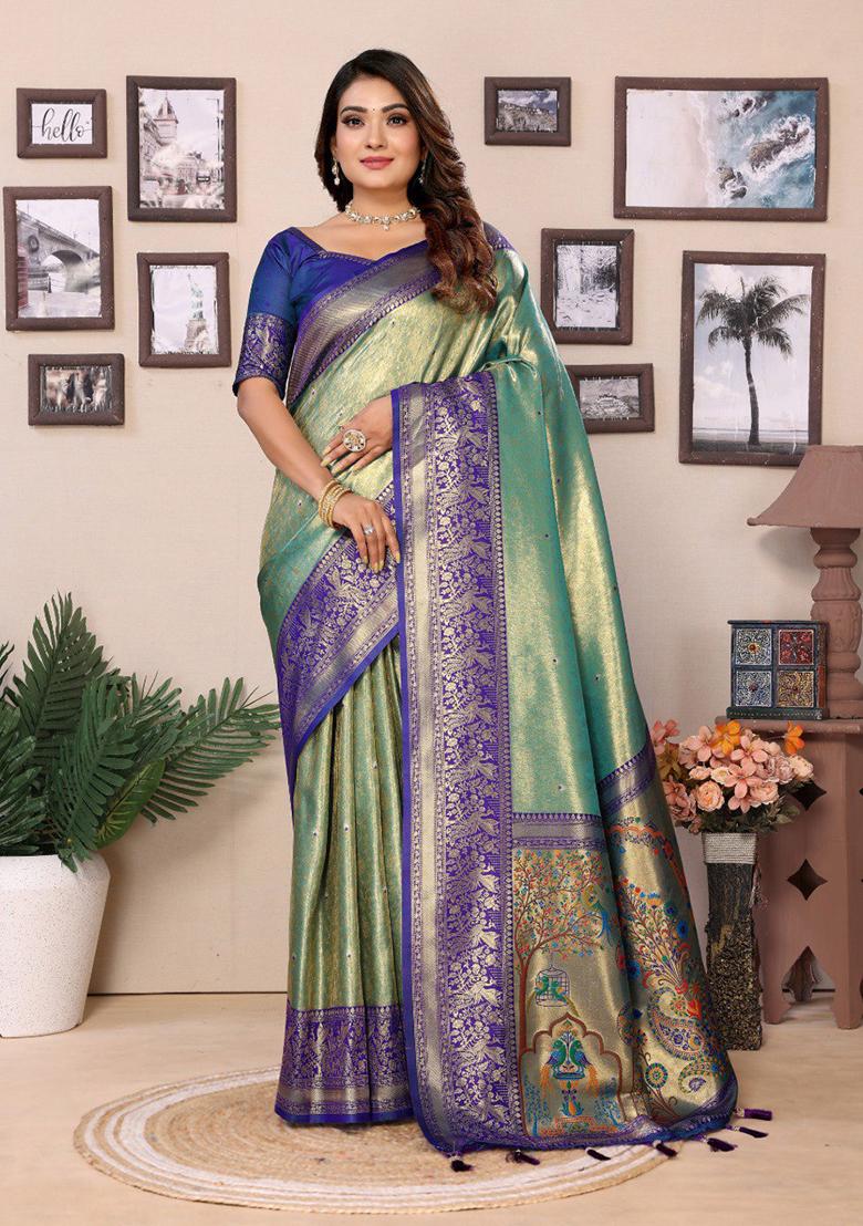 Sea Green Zari Work Silk Saree Set