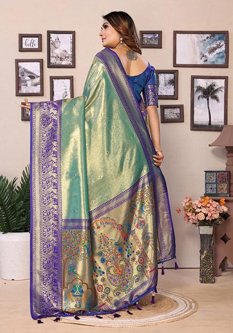 Sea Green Zari Work Silk Saree Set