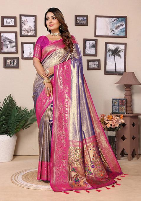 Light Blue Zari Work Silk Saree Set