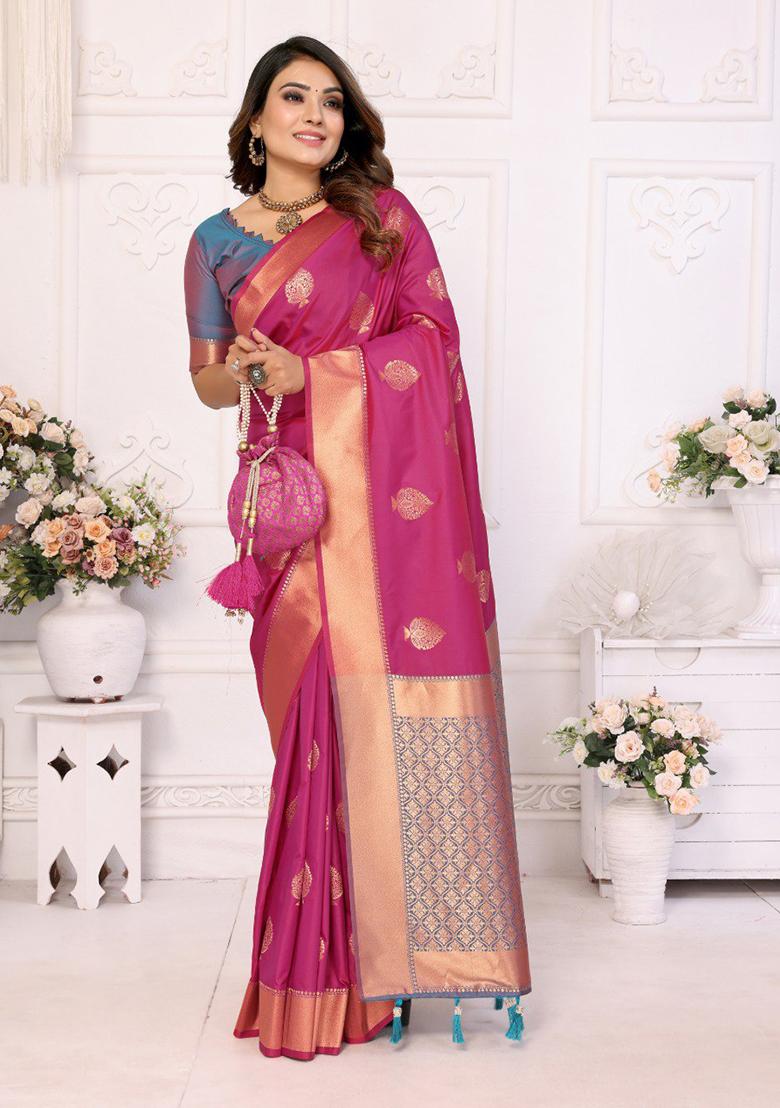 Rani Pink Zari Work Silk Saree Set