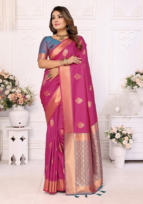 Rani Pink Zari Work Silk Saree Set